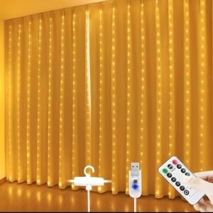 3x3 Metre Perde LED Işık, 300 Ledli 10 Sarkıtlı Dekoratif Peri Led, Uzaktan Kumandalı ve 8 Fonksiyonlu, USB Girişli Günışığı (Sarı) Duvar ve Perde Aydınlatması