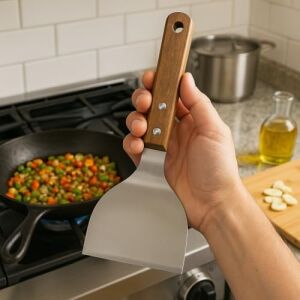 Ahşap Saplı Paslanmaz Çelik Spatula – 24CM Eğilimli Çok Amaçlı Mutfak Spatulası | Izgara, Burger, Sebze, Temizlik Için Profesyonel Metal Spatula