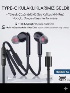 Siyah Silikon Kablolu Type C Kulaklık Tüm Typec Çıkışlı Cihazlara Uyumlu Tak Çalıştır Tüm Cihazlara Uygun, Bluetooth Gerekmez Mükemel Ses Bass Tiz Mikrofon Aaa Kalite !!!!!!