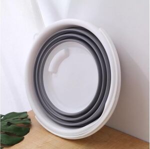 13 Litre Katlanabilir Akordiyon Temizlik Kovası - 32 cm Çap x 33 cm Yükseklik - Yer Kaplamayan Pratik Silikon Su Kovası (Koyu Gri - Pembe) (Gri)