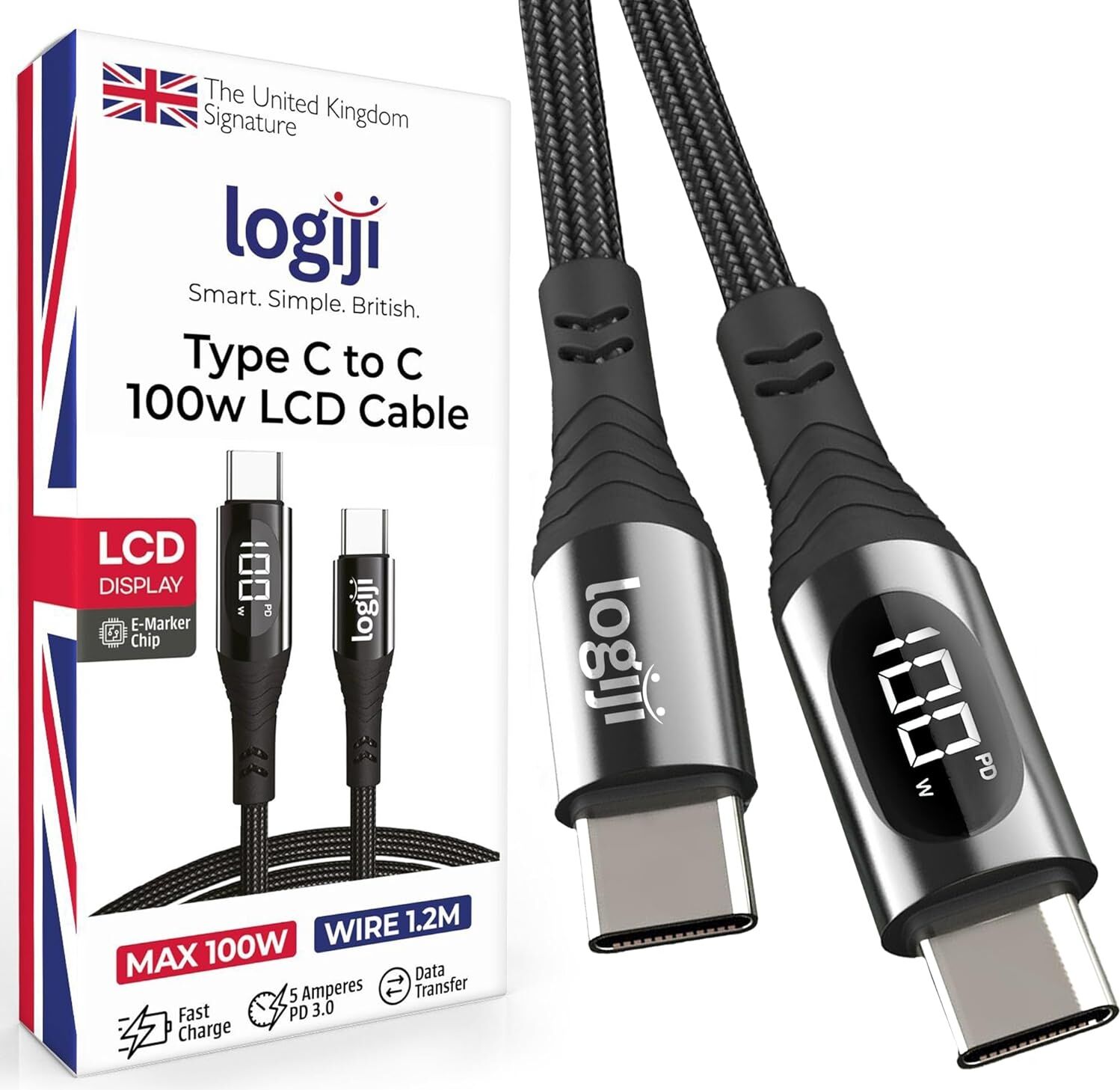 100W Type-C To Type-C Dijital LED Ekranlı Göstergeli Hızlı Şarj Kablosu E-Mark Çipli, Dayanıklı Örgülü, 1.2m, Usb-C Pd 3.0, iPhone 15 16,17 Xiaomi Telefon, Macbook Tablet ile Uyumlu