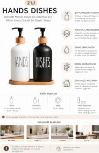 2’li Hands Dishes Siyah Beyaz Cam Sıvı Sabunluk Seti 500 Ml, Bambu Standlı Dekoratif Mutfak & Banyo Sabunluk Dispenser Seti Şık Modern Tasarım