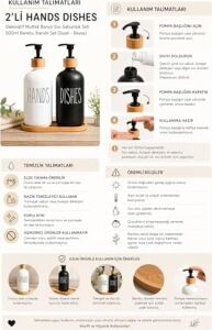 2’li Hands Dishes Siyah Beyaz Cam Sıvı Sabunluk Seti 500 Ml, Bambu Standlı Dekoratif Mutfak & Banyo Sabunluk Dispenser Seti Şık Modern Tasarım