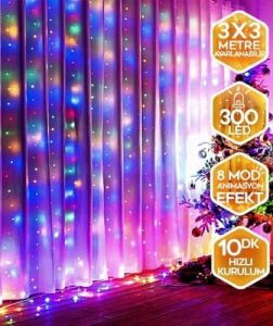 Senon Kumandalı Peri Tel LED Aydınlatma 300 Ledli Perde Işık 10 Saçaklı 3x3 Metre Dekoratif Duvar Işığı USB Kablolu (Rgb Çok Renkli)