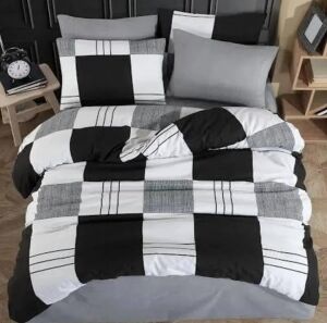 Lüks%80 Pamuklu Çift Kişilik Nevresim Takımı Seti Yorgan Kılıfı Siyah Gri Beyaz Kareli Desen 200X220 cm + Lastikli Battal Boy Çarşaf 180X200X30 cm +2 Yastık Kılıflı 50X70 cm