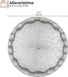 Osmanlı Motifli Metal Servis Tepsisi – 34,5 cm (13.6 Inç) – Kahve ve Çay Sunum Tepsisi – 5 Renk Seçeneği (Gümüş Rengi)