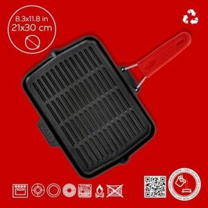 Döküm Dikdörtgen Sığ Izgara Tavası Silikon Tel Saplı Ölçü 21X30CM Kırmızı