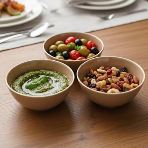 3'lü Karamel Kahve Seramik Kase Seti, Özel Çatlak Dokulu (Crackle) Tasarım Çerezlik ve Sosluk, Modern  Kahvaltılık Sunum Kasesi, Derin ve Şık Meze Tabağı Takımı (Bej/kahve)