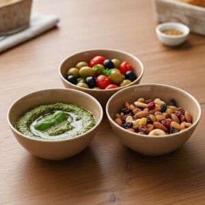 3'lü Karamel Kahve Seramik Kase Seti, Özel Çatlak Dokulu (Crackle) Tasarım Çerezlik ve Sosluk, Modern  Kahvaltılık Sunum Kasesi, Derin ve Şık Meze Tabağı Takımı (Bej/kahve)