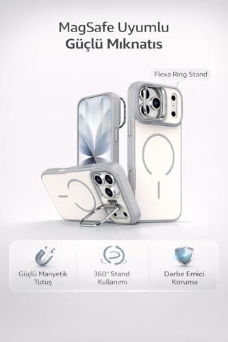 iPhone 17 Pro Max ile Uyumlu Kilif Magsafe ile Uyumlu Kılıf Stand Özellikli Mıknatıslı Flexa Yüzük Tutuculu IPHONE 17 Pro Max Için Kılıf Darbe Emici Mat Arka Kapak Koruyucu Kılıf Beyaz