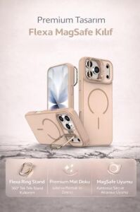 iPhone 17 Pro Max ile Uyumlu Kilif Magsafe ile Uyumlu Kılıf Stand Özellikli Mıknatıslı Flexa Yüzük Tutuculu IPHONE 17 Pro Max Için Kılıf Darbe Emici Mat Arka Kapak Koruyucu Kılıf Beyaz