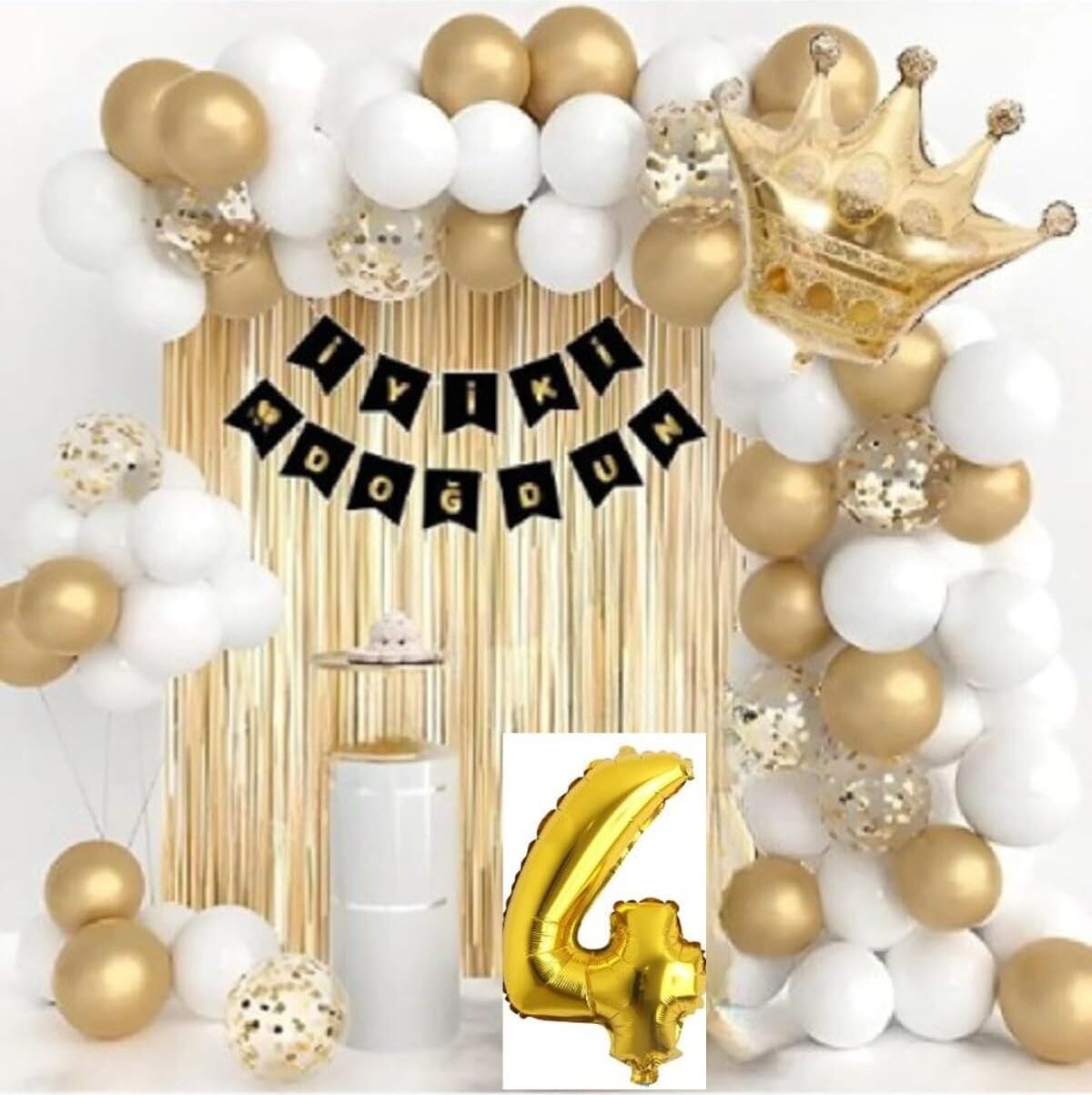 Bkmc Kral Taçlı Yaş Folyolu Doğum Günü Gold Beyaz Balon Seti BMCNM846