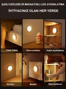 2'li Set Kabin LED Hareket Sensörlü Hero LED Kabin Işığı - 4000K Doğal Beyaz, USB Şarjlı, Mıknatıslı Yapışkanlı Montaj – Dolap Içi, Mutfak, Merdiven ve Gardırop Için Kablosuz Gece Lambası