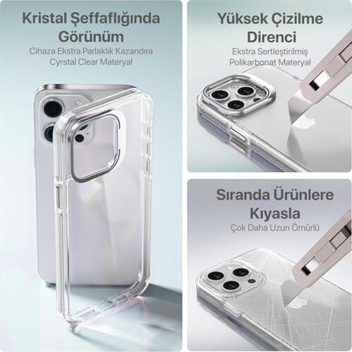 iphone 15 Pro Max Için Hybrid Performance Serisi Ultra Şeffaf Sert Polikarbonat Arka Kısım Orta Sertlikte Silikon Kenarlar ve Stand Olabilen Lens Çerçeveli Kılıf (Natural Titanyum, 15 Pro Max)