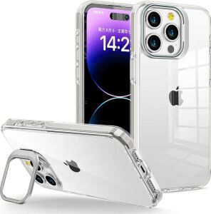 iphone 15 Pro Max Için Hybrid Performance Serisi Ultra Şeffaf Sert Polikarbonat Arka Kısım Orta Sertlikte Silikon Kenarlar ve Stand Olabilen Lens Çerçeveli Kılıf (Natural Titanyum, 15 Pro Max)