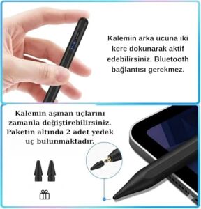 IPAD(2018-2026) Için Stylus Tablet Kalem 2018 Sonrası Tüm iPad Modellerinine Uyumlu Eğim Sensörlü Avuç Içi Reddi Aktif Stylus Kalem (Siyah)
