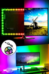 Tv ve Monitör Arkası Silikonlu Rgb LED Şerit Dekoratif Aydınlatma Seti 1 Metre