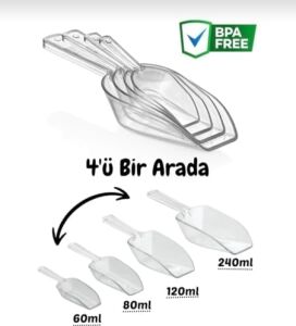 4’lü Ölçü Kaşığı Seti 60-80-120-240 ml – Şeffaf Çok Amaçlı Ölçü Küreği | Bpa Free Mama, Bakliyat ve Kahve Için