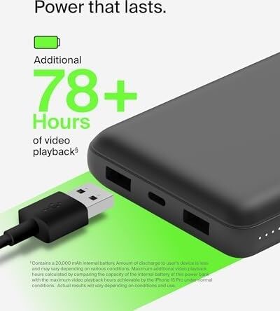 USB C Taşınabilir Powerbank 20000 Mah, USB Tip C Giriş Çıkış Bağlantı Noktalı 20K Güç Bankası Için USB C - A Kablosu Dahil 2 USB A Bağlantı Noktası, Siyah
