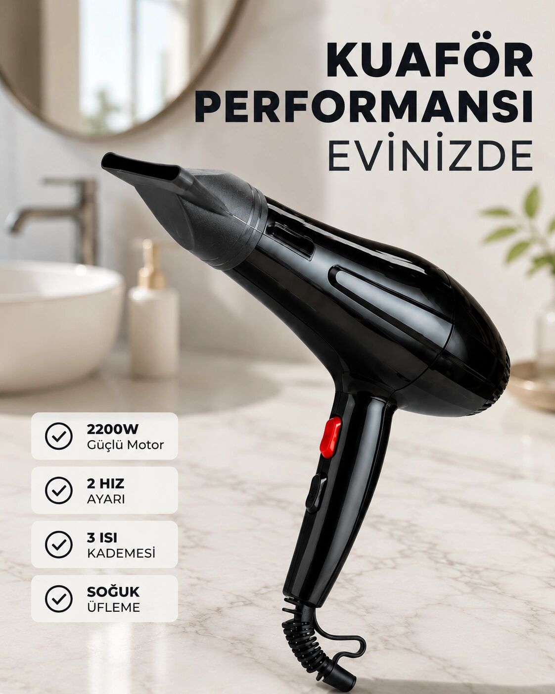 2200W Saç Kurutma Makinesi Soğuk ve Sıcak Üfleme Fonksiyonlu