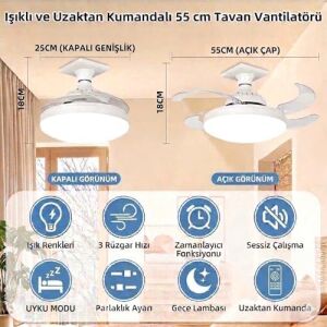 Dolunay Fanlı LED Ampul - 72W 7850 Lümen - 3 Renk Yanma Modlu (Beyaz, Gün Işığı, Natural) - Uzaktan Kumandalı, Cata Dimlenebilir Hayalet Pervaneli Tavan Vantilatörü ve Aydınlatma