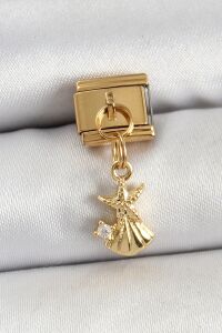 316L Çelik Sallantılı Zirkon Taşlı Deniz Yıldızı ve Istiridye Model Gold Renk Nomination Charm