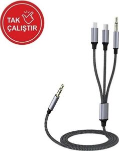 3in1 Type-C, Lightning ile Uyumlu To 3.5mm Örgülü Aux Kablosu 1m MT2811 (Tak Çalıştır)