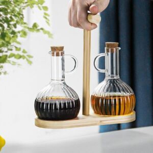 2'li Bambu Stand ile Cam Yağdanlık ve Sirkelik Seti, Yemek Masası ve Sofralarınız Için Bambu Standlı Şık Masa Üstü Yağ ve Sirke Şişeleri