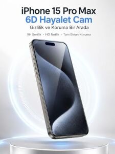 Ekran Koruyucu, iPhone 15 Pro Max ile Uyumlu, 6d Hayalet Kırılmaz Cam, 9h Sertlik, Şeffaf, Temperli Cam