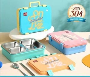 Beslenme Kutusu Paslanmaz Çelik - 700 ml 3 Bölmeli Taşıma Kulplu Çocuk Beslenme Kabı (Mavi)