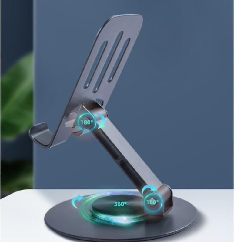 360° Döner Metal Telefon ve Tablet Tutucu Stand, Katlanabilir Teleskopik, Silikon Pedli, Kaymaz Tabanlı, Ev Ofis Seyahat Için Pratik Çözüm