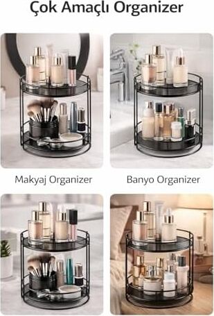 2 Katlı Makyaj Organizer – Metal Kozmetik Düzenleyici Stand | Banyo ve Makyaj Masası Için Çok Amaçlı Organizer Raf | Takı, Parfüm ve Cilt Bakım Ürünleri Için Siyah Organizer