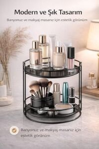 2 Katlı Makyaj Organizer – Metal Kozmetik Düzenleyici Stand | Banyo ve Makyaj Masası Için Çok Amaçlı Organizer Raf | Takı, Parfüm ve Cilt Bakım Ürünleri Için Siyah Organizer