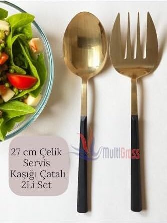 Büyük Boy Çelik Servis Kaşığı Servis Çatalı 27 cm 2li Set, Altın