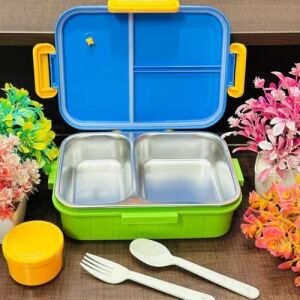Beslenme Kutusu Paslanmaz Çelik - 880 ml 2 Bölmeli Renkli Desenli Çocuk Beslenme Kabı (Mavi)