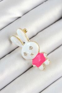 Zirkon Taş Detaylı Beyaz ve Pembe 3D Tavşan Figürlü Kadın Broş