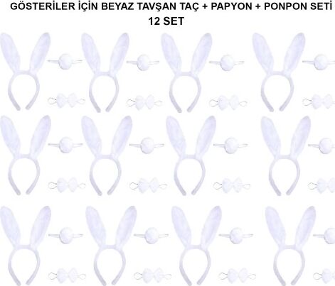 Beyaz Tavşan Kostüm Seti – Taç, Papyon, Kuyruk (12’li Paket)
