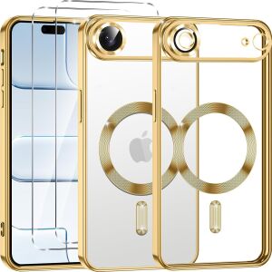 iPhone 17 Air Şeffaf Manyetik Kılıf (Magsafe Uyumlu) + 2 Temperli Cam – Anti-Sarı, Darbeye Dayanıklı (Gold)