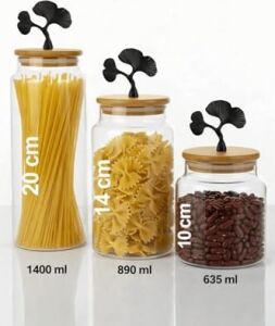 3'lü Bambu Kapaklı Mat Siyah Ginkgo Figürlü Şeffaf Cam Kavanoz Cam Saklama Kabı 635/890/1400ML
