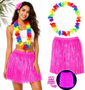 Neon Pembe Hawaii Etek 40 cm ve Rengarenk Hawaii Kolye