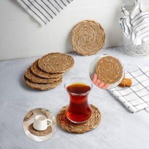 6 Adet El Yapımı Yuvarlak Hasır Bardak Altlığı - Fincan, Çay ve Kupa Altlığı - 10CM