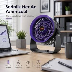Masaüstü Vantilatör, Şarjlı Masaüstü Fan, 1200 Mah Batarya, Uzun Kullanım Süresi, 4 Kademeli Ayarlanır Güç Modu, Soğutucu Vantilatör, Sessiz Çalışma, Ergonomik Tasarım, Masaüstü Kullanım