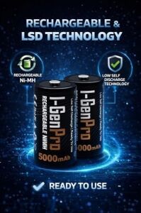 I-Gen Batteries G32C 2’li Aa/aaa/c/d Pil Şarj Aleti + 2 Adet Pro HR14 C Orta Boy 5000 Mah 1.2V Ni-Mh Şarj Edilebilir Pil Seti