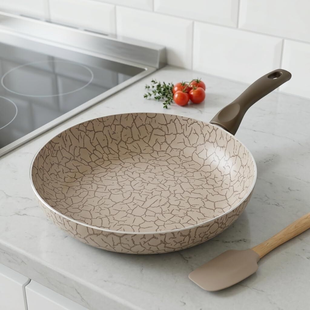Maxi Tava - Iç ve Dış Beyaz Bronz Magma (Kırçıllı) Yanmaz Yapışmaz Aile Boyu Pişirme Tavası 30 cm ve 26 cm (26 Cm)