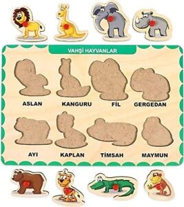 Ahşap Tutmalı Eğitici Yapboz Vahşi Hayvanlar Anaokulu Oyuncakları