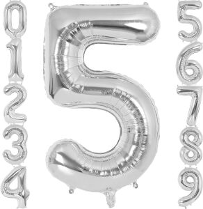 Xesha 5 Rakamı Doğum Günü Balonu Yaş Günü Gümüş Renk Uçan Balon 102 cm Doğum Günü ve Parti Dekorasyonu Büyük Boy Folyo Helyum Uçan Balon Yaş 5 Sayısı