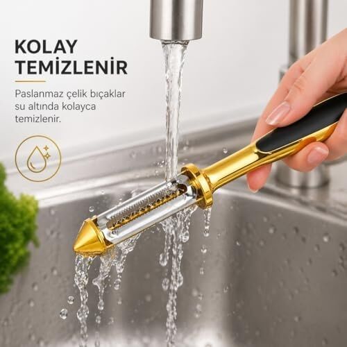 Paslanmaz Çelik Sebze Soyacak, Altın Rengi, 18 Cm, Siyah Kaymaz Saplı, Salatalık ve Sebze Soyma Için