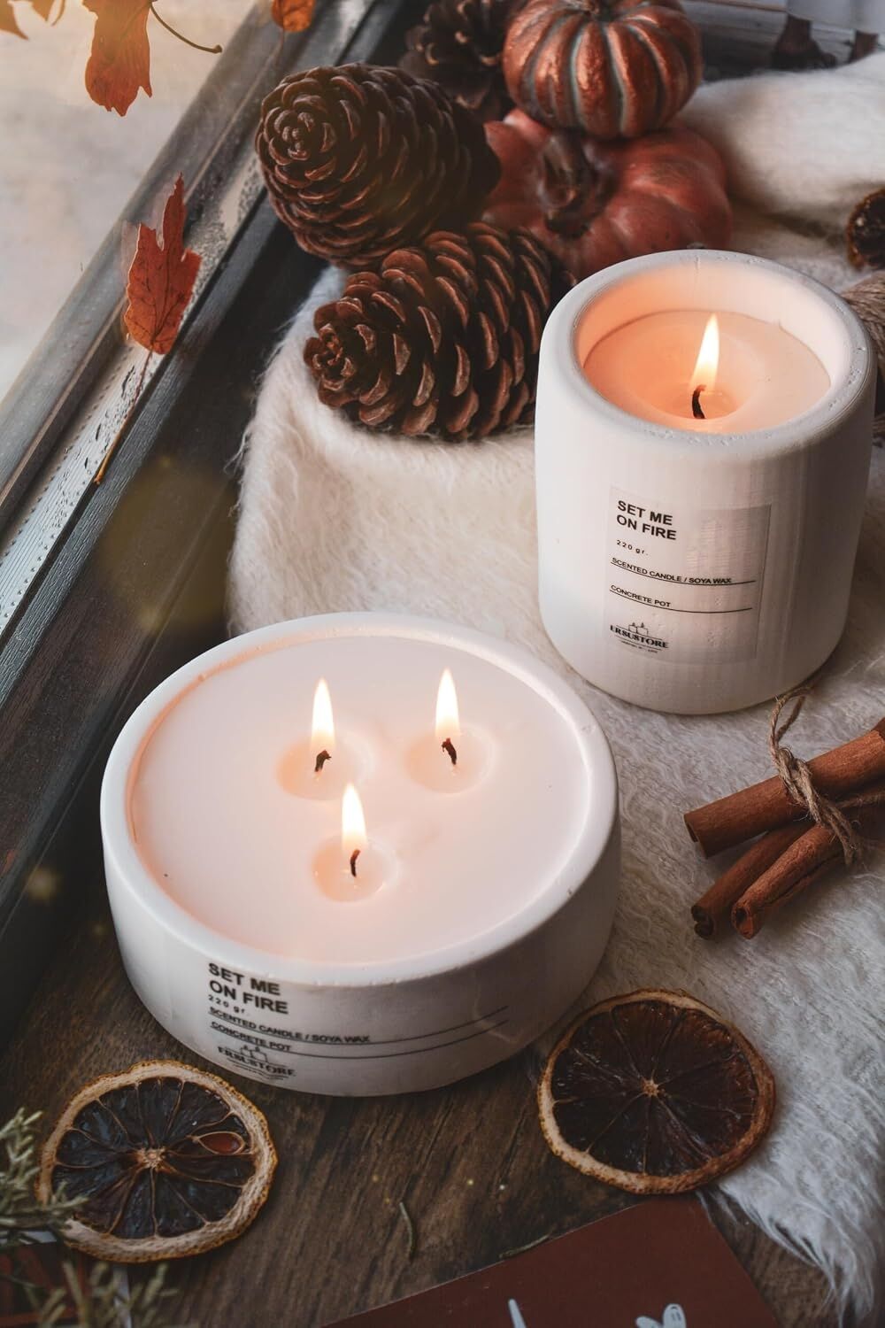 2'li Beton Saksı Içinde Lavanta Kokulu Soya Wax Mum Seti Dekoratif Hediyelik (Beyaz)