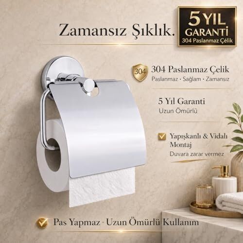 Kapaklı Tuvalet Kağıtlığı, 304 Paslanmaz Çelik, Krom Kaplama Wc Kağıtlık, Yapışkanlı ve Vidalı Montajlı, 5 Yıl Garantili Banyo Aksesuarı
