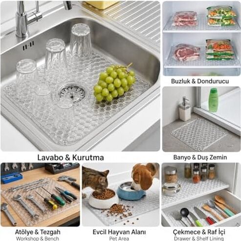 Lavabo Kurutma Matı 32X32 Cm, Şeffaf Petek Desenli Buzluk ve Dondurucu Raf Koruyucu, Çekmece Raf Içi Kaydırmaz Düzenleyici Mat, Banyo, Tezgah ve Evcil Hayvan Mama Alanı Için Çok Amaçlı Mat